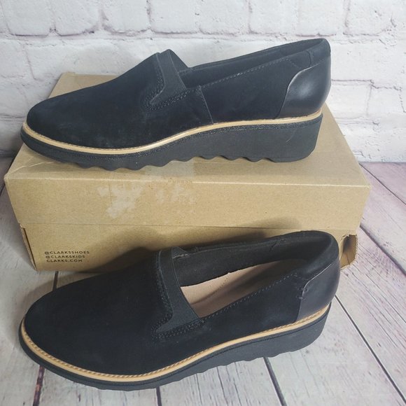 Clark's Sharon Dolly Black Suede Wedge Slip-on Shoe
